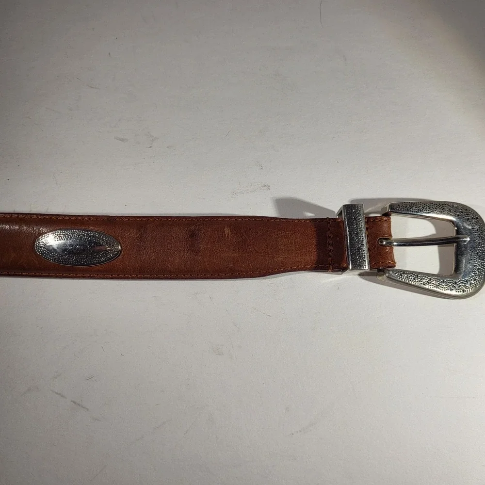 Brown Leather Belt 46 Silver‑Tone Buckle Medallions Western Unisex